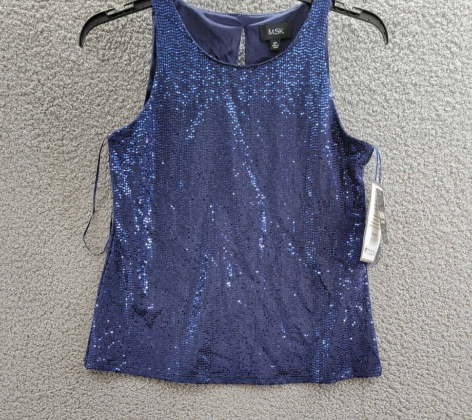MSK Petite Sequin Sleeveless Round-Neck Keyhole Top Women's MP Blue Pullover