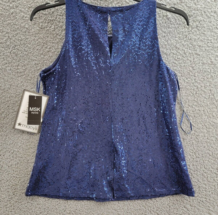 MSK Petite Sequin Sleeveless Round-Neck Keyhole Top Women's MP Blue Pullover