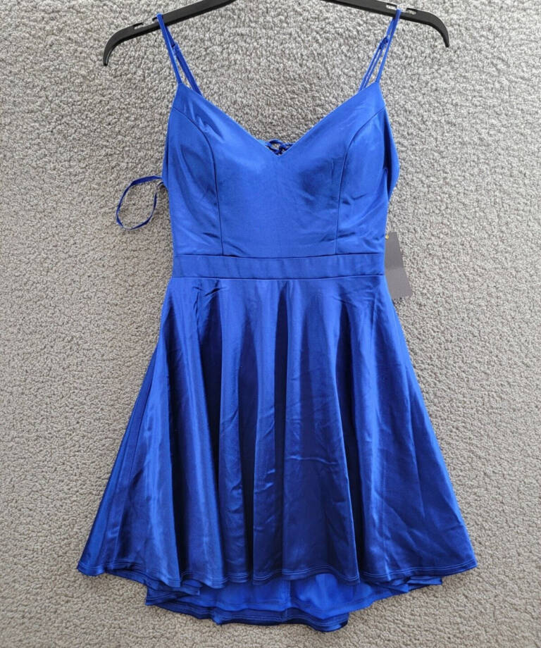 City Studio Satin Fit & Flare Dress Juniors 9 Cobalt Blue V-Neck Zip Lace Back