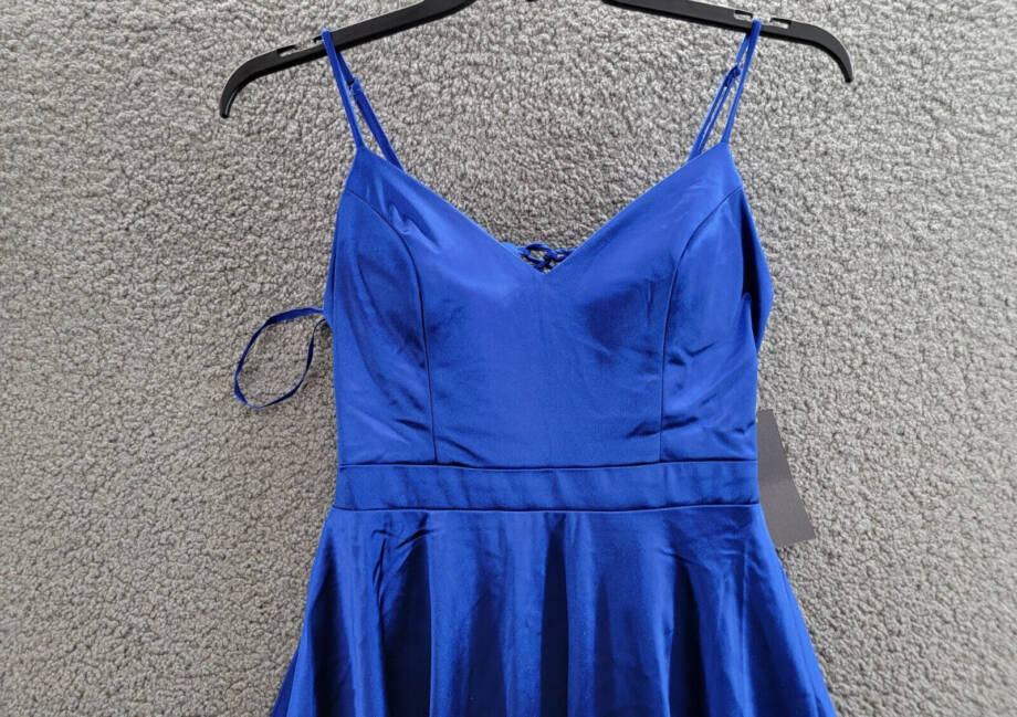 City Studio Satin Fit & Flare Dress Juniors 9 Cobalt Blue V-Neck Zip Lace Back