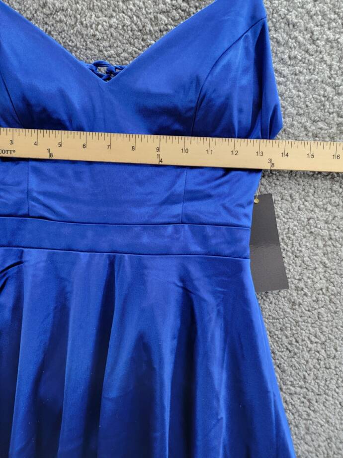 City Studio Satin Fit & Flare Dress Juniors 9 Cobalt Blue V-Neck Zip Lace Back