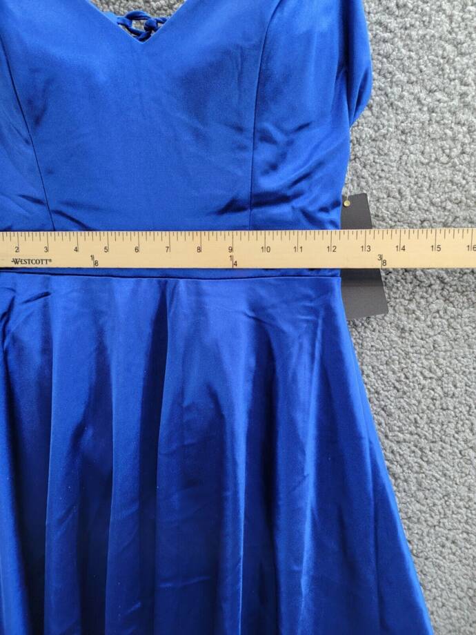 City Studio Satin Fit & Flare Dress Juniors 9 Cobalt Blue V-Neck Zip Lace Back