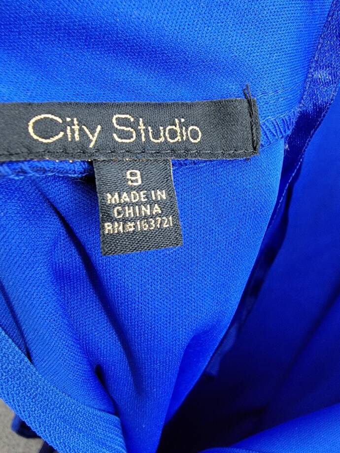 City Studio Satin Fit & Flare Dress Juniors 9 Cobalt Blue V-Neck Zip Lace Back