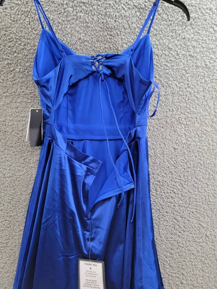 City Studio Satin Fit & Flare Dress Juniors 9 Cobalt Blue V-Neck Zip Lace Back