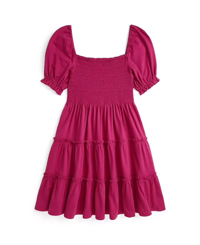 Polo Ralph Lauren Smocked Jersey Dress Big Girls M (8-10) Pink Square Neck S/S