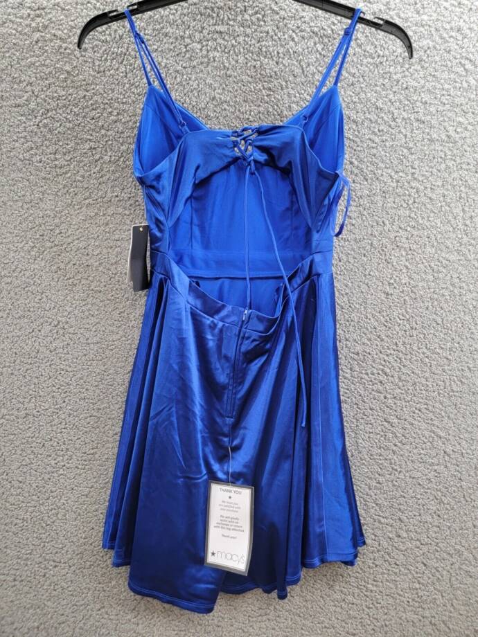 City Studio Satin Fit & Flare Dress Juniors 9 Cobalt Blue V-Neck Zip Lace Back