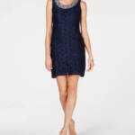 R & M Richards Embellished Lace Sheath Dress Women's 8 Navy Round Neck Pullover~