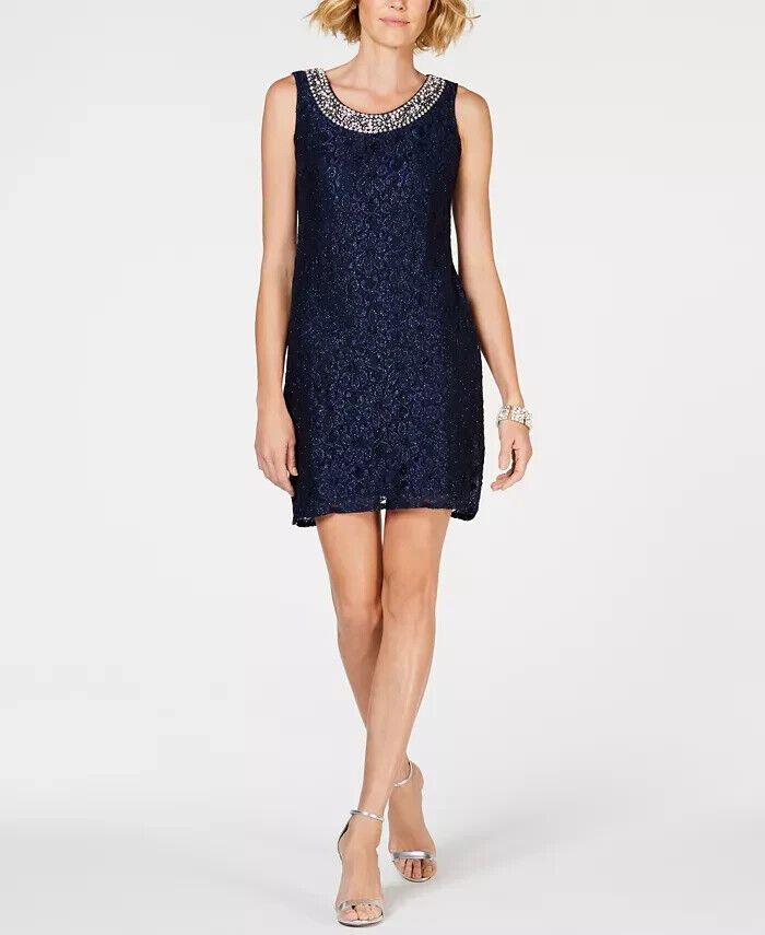 R & M Richards Embellished Lace Sheath Dress Women's 8 Navy Round Neck Pullover~