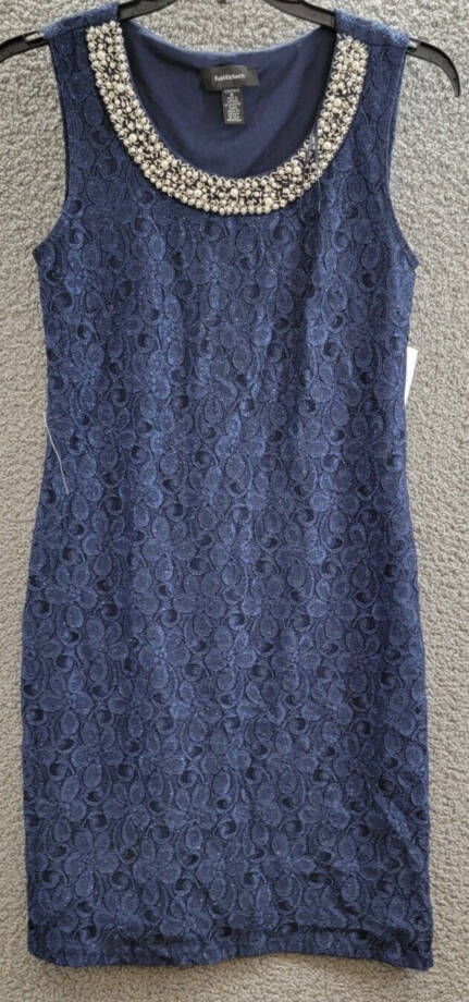 R & M Richards Embellished Lace Sheath Dress Women's 8 Navy Round Neck Pullover~