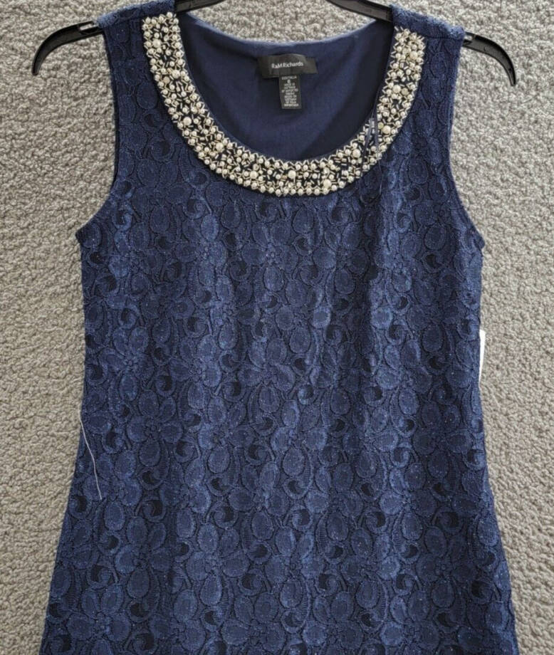 R & M Richards Embellished Lace Sheath Dress Women's 8 Navy Round Neck Pullover~