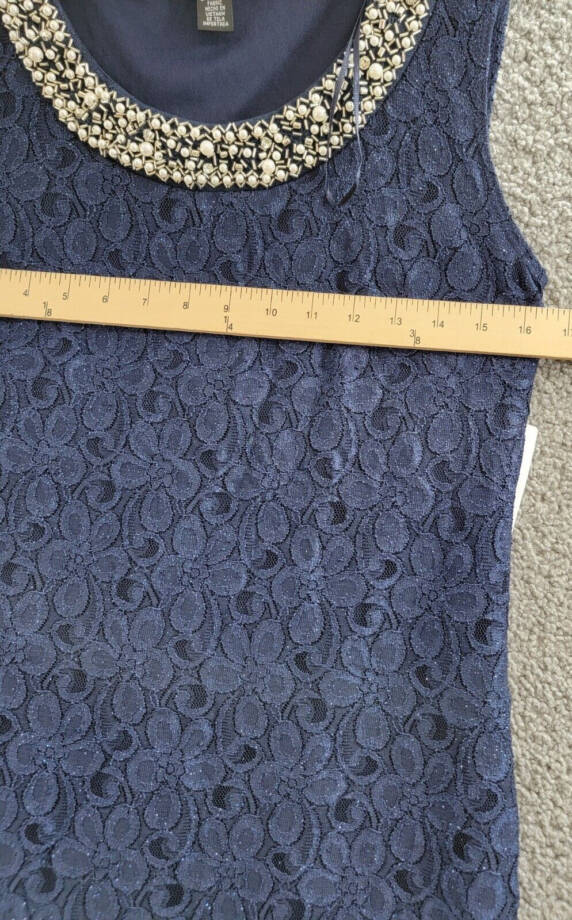 R & M Richards Embellished Lace Sheath Dress Women's 8 Navy Round Neck Pullover~