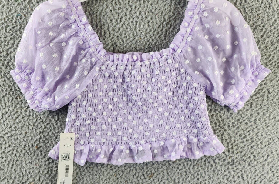 Aqua Girls' Daisy Clip Dot Puff Sleeve Top Girls' S (7-8) Lilac Square Neck
