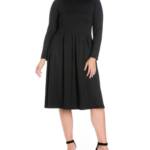 24seven Comfort Apparel Plus Size Fit & Flare Midi Dress Women's 2X Black L/S