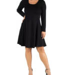24Seven Comfort Apparel Plus Flared Dress Women's 2X Black Scoop Neck Pullover
