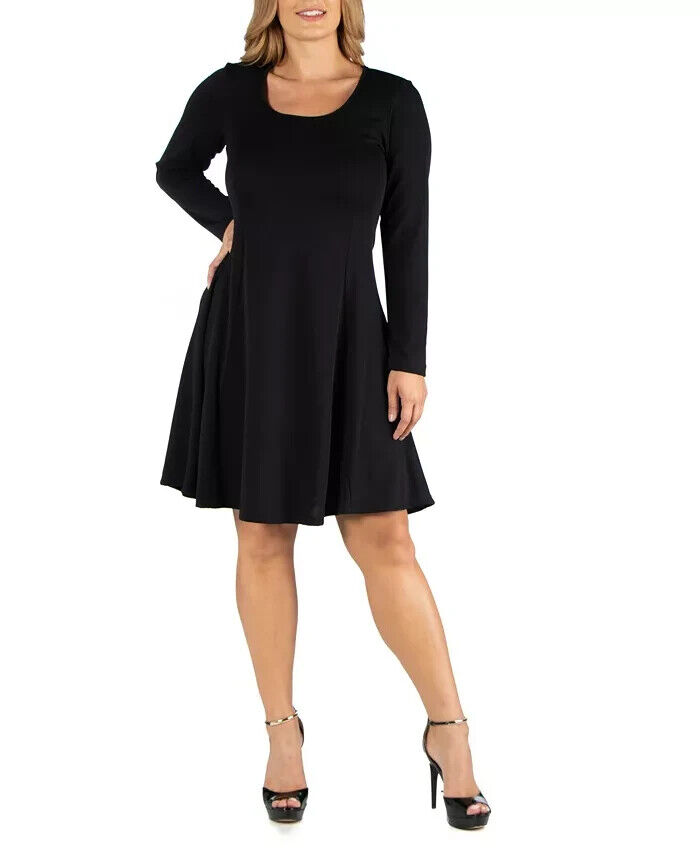 24Seven Comfort Apparel Plus Flared Dress Women's 2X Black Scoop Neck Pullover