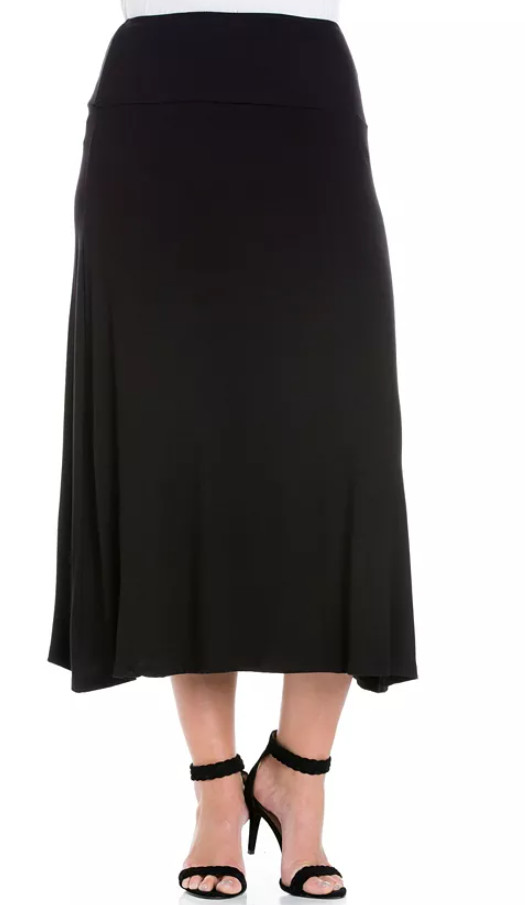 24seven Comfort Apparel Plus Maxi Skirt Womens 2X Black A-Line Elastic Waistband