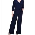 NY Collection Petite 3/4 Sleeve Belted Wide Leg Jumpsuit Women's PXS Navy