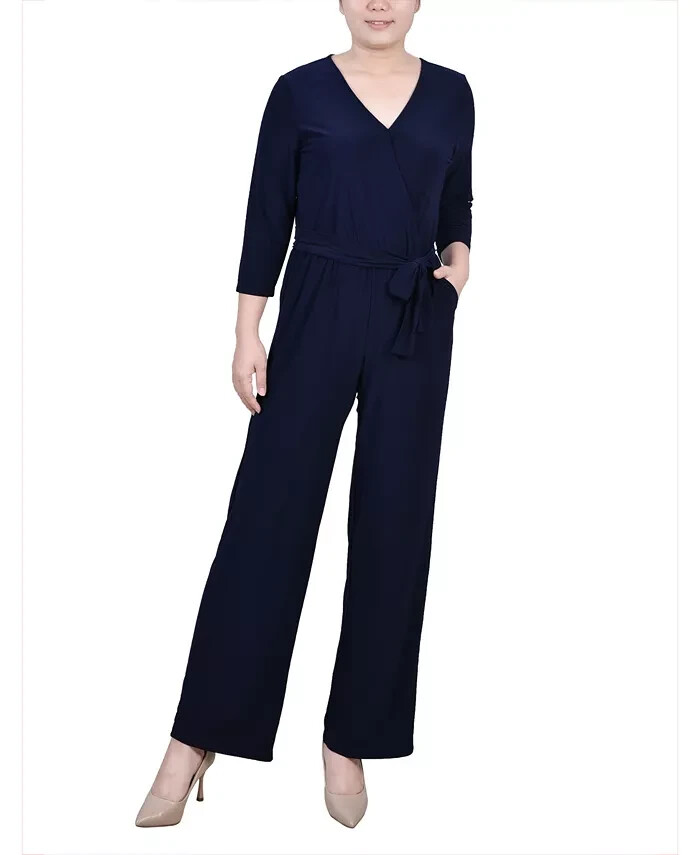 NY Collection Petite 3/4 Sleeve Belted Wide Leg Jumpsuit Women's PXS Navy