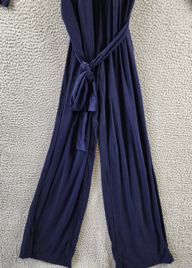 NY Collection Petite 3/4 Sleeve Belted Wide Leg Jumpsuit Women's PXS Navy