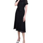 Ny Collection Petite Belted Swiss Dot Dress Women's Black Multi Circle S/S PS