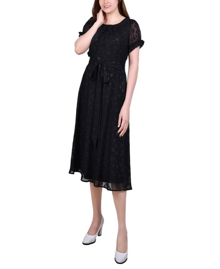 Ny Collection Petite Belted Swiss Dot Dress Women's Black Multi Circle S/S PS
