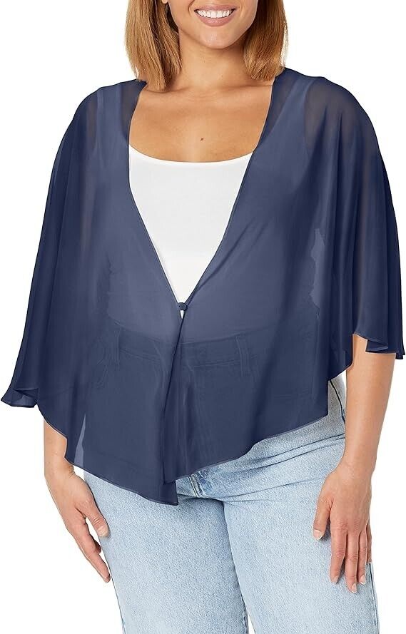 SLNY Plus Size Chiffon Cascade Crop Shrug Women's 3X/4X Navy One-Button Closure