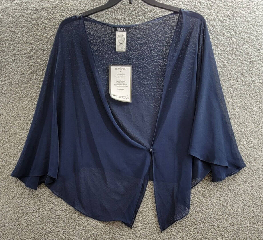 SLNY Plus Size Chiffon Cascade Crop Shrug Women's 3X/4X Navy One-Button Closure