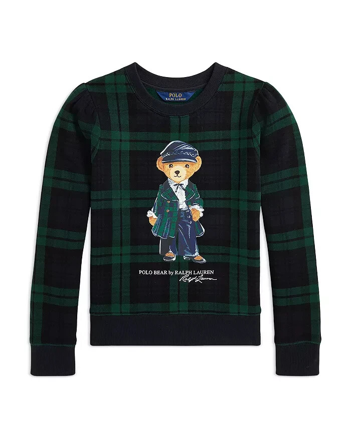 Polo Ralph Lauren Plaid Polo Bear Fleece Sweatshirt Girls' XL (16) Black Multi