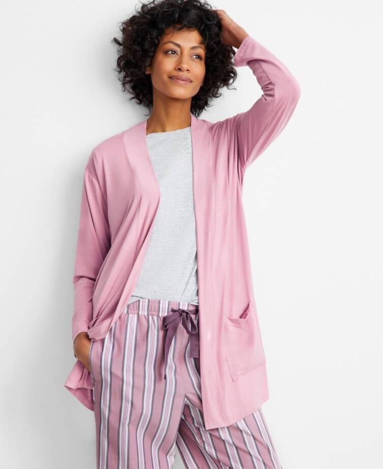 State of Day Knit Open Front Cardigan Women's S Mauve Orchid Pockets Long Sleeve