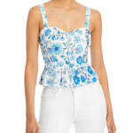 AQUA Floral Print Peplum Top Women's S Blue/White Sweetheart Neck Sleeveless~