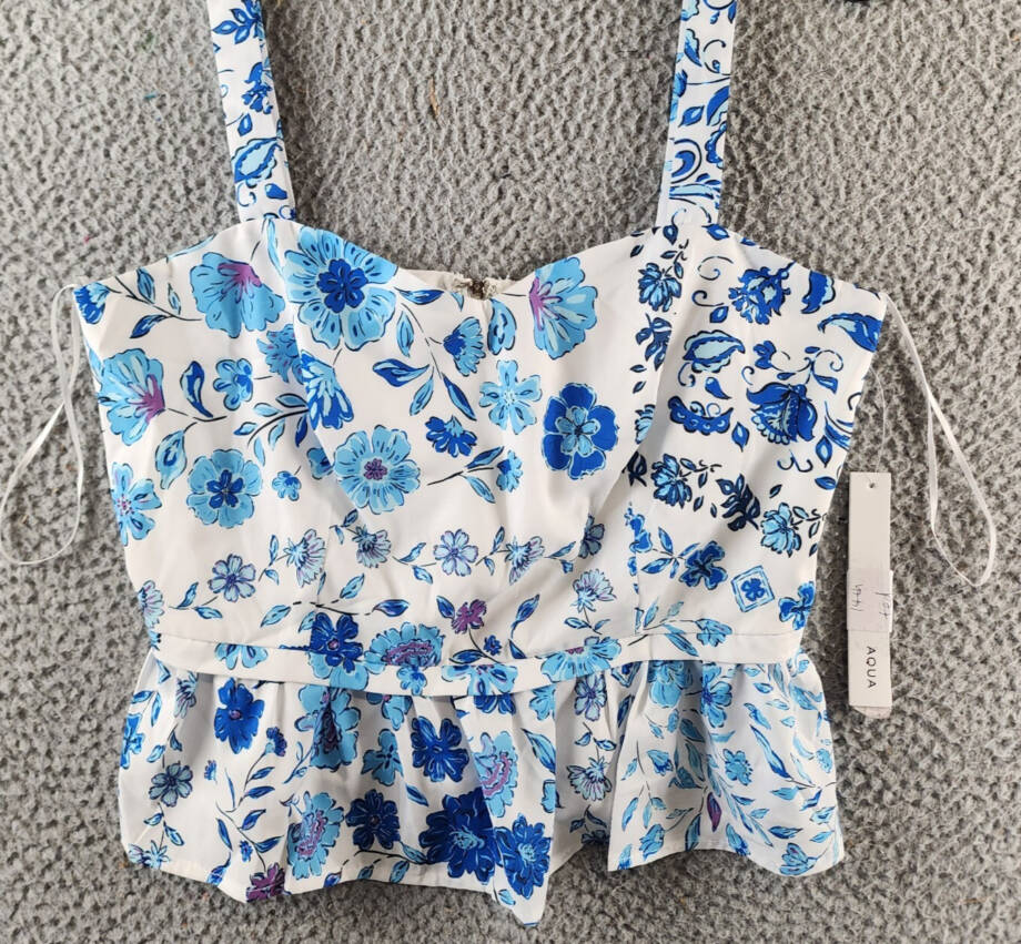AQUA Floral Print Peplum Top Women's S Blue/White Sweetheart Neck Sleeveless~