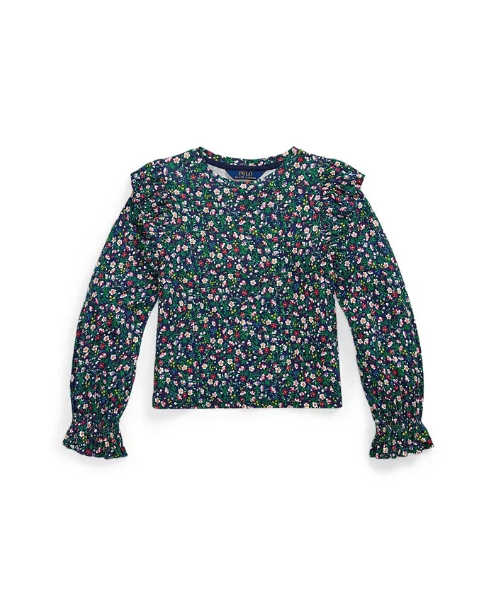 Polo Ralph Lauren Floral Ruffled Top Little Girls 4 Navy Multi Crew Neck L/S