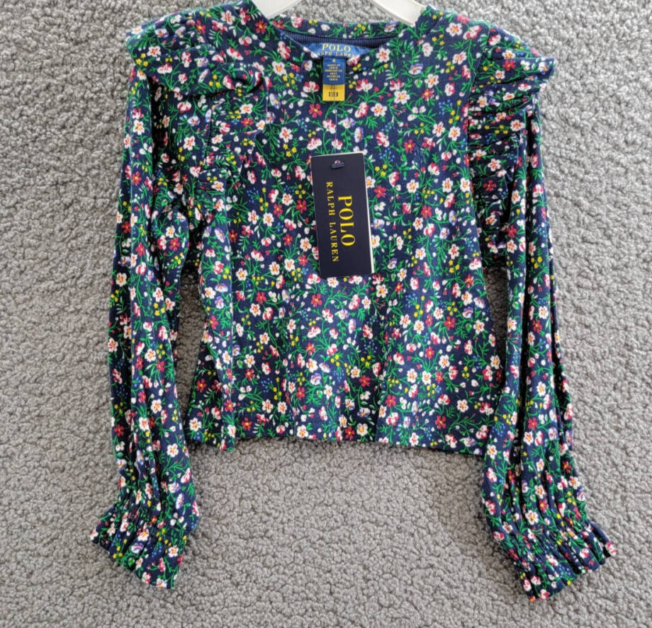 Polo Ralph Lauren Floral Ruffled Top Little Girls 4 Navy Multi Crew Neck L/S