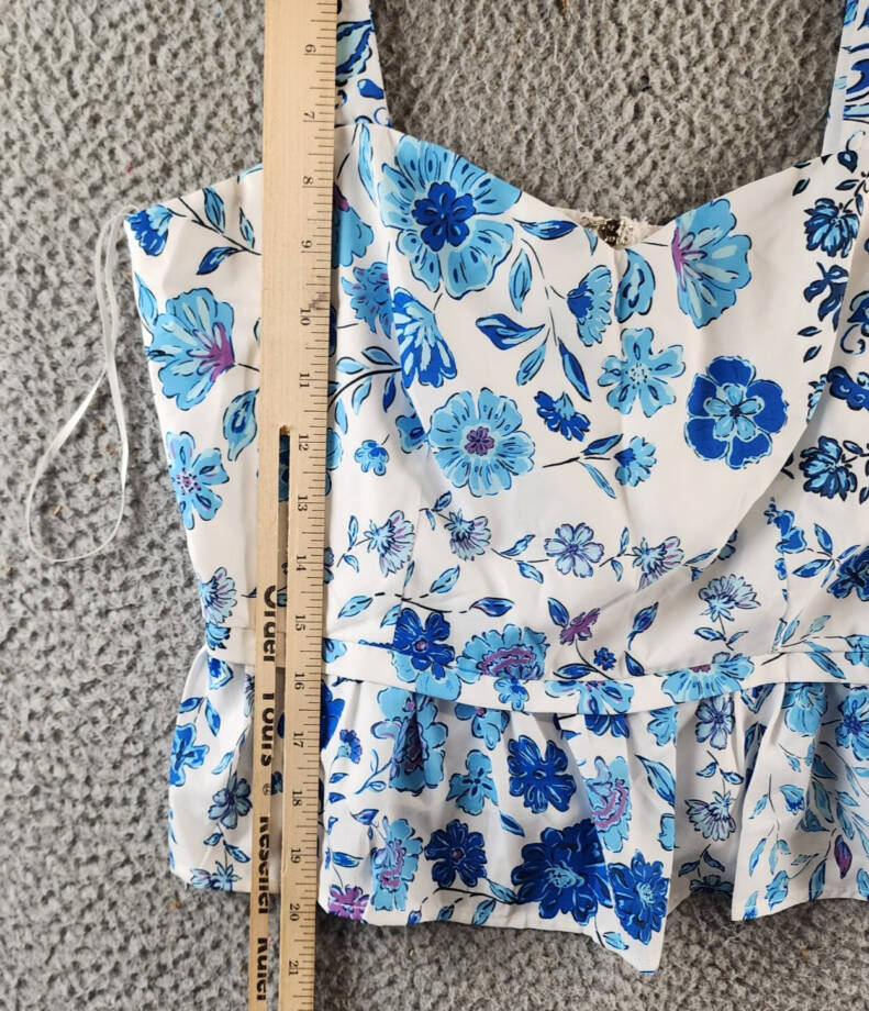 AQUA Floral Print Peplum Top Women's S Blue/White Sweetheart Neck Sleeveless~