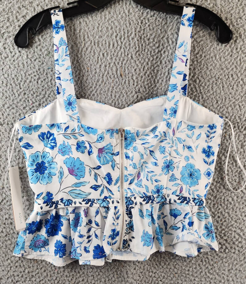 AQUA Floral Print Peplum Top Women's S Blue/White Sweetheart Neck Sleeveless~
