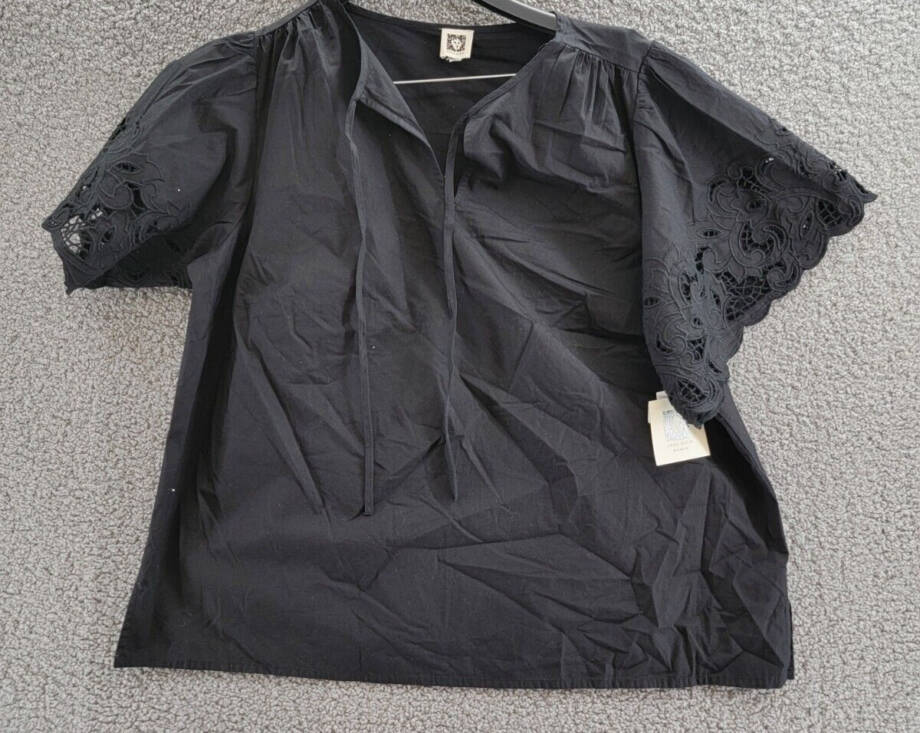 Anne Klein Open-Embroidery Tie-Neck Blouse Women's 1X Black Round Neck Pullover
