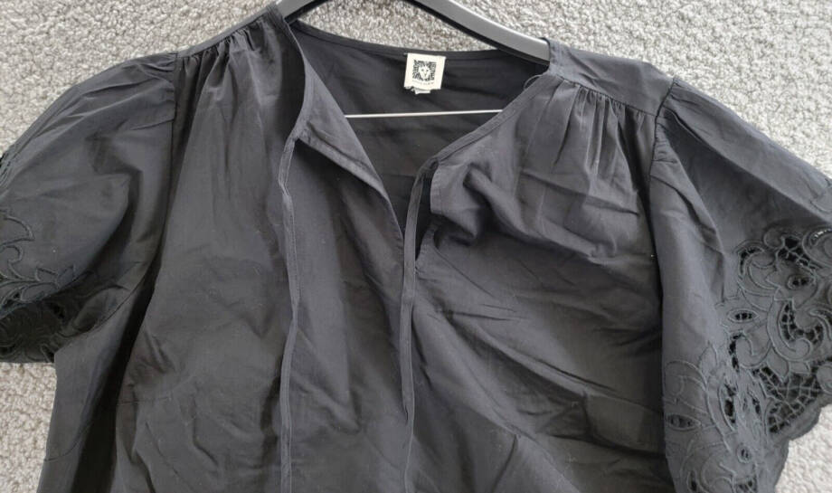 Anne Klein Open-Embroidery Tie-Neck Blouse Women's 1X Black Round Neck Pullover
