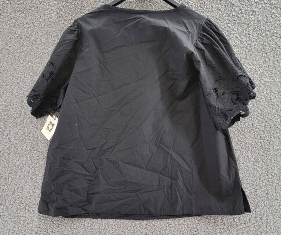 Anne Klein Open-Embroidery Tie-Neck Blouse Women's 1X Black Round Neck Pullover
