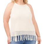 Vince Camuto Plus Size Fringed Crochet Stitch Top Women's 3X Ivory Pullover