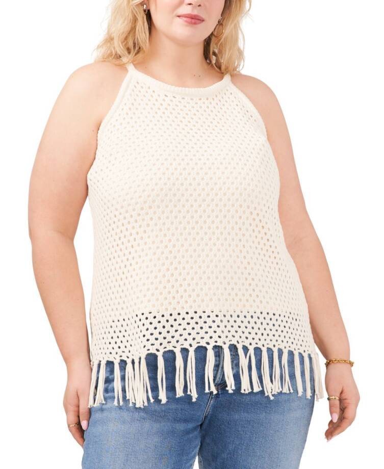 Vince Camuto Plus Size Fringed Crochet Stitch Top Women's 3X Ivory Pullover