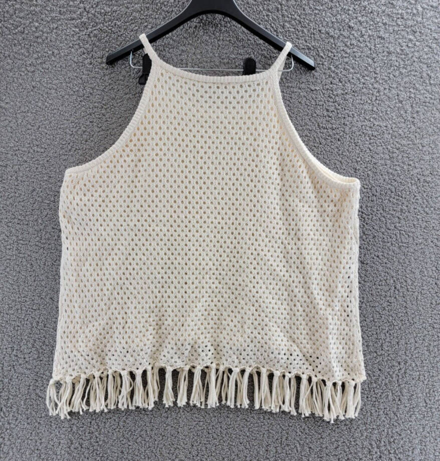 Vince Camuto Plus Size Fringed Crochet Stitch Top Women's 3X Ivory Pullover