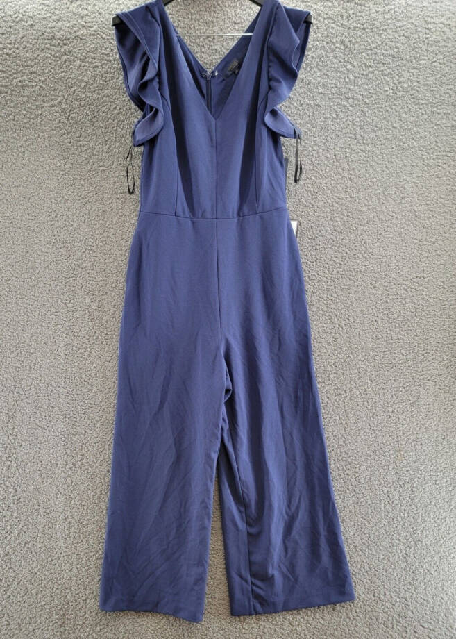 RACHEL Rachel Roy Ruffled-Sleeve Cropped Jumpsuit Womens L Navy Back Zip Closure