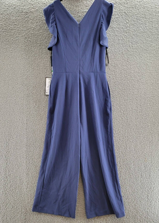 RACHEL Rachel Roy Ruffled-Sleeve Cropped Jumpsuit Womens L Navy Back Zip Closure