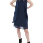 SLNY Chiffon Cut-Out Beaded Neckline Dress Women's 8 Navy Hook & Eye Closure