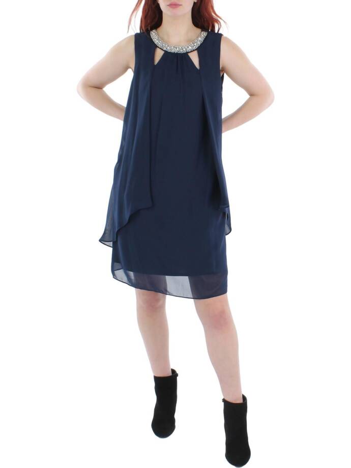 SLNY Chiffon Cut-Out Beaded Neckline Dress Women's 8 Navy Hook & Eye Closure