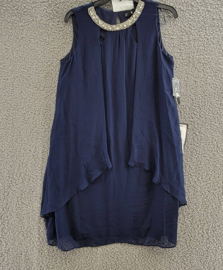 SLNY Chiffon Cut-Out Beaded Neckline Dress Women's 8 Navy Hook & Eye Closure