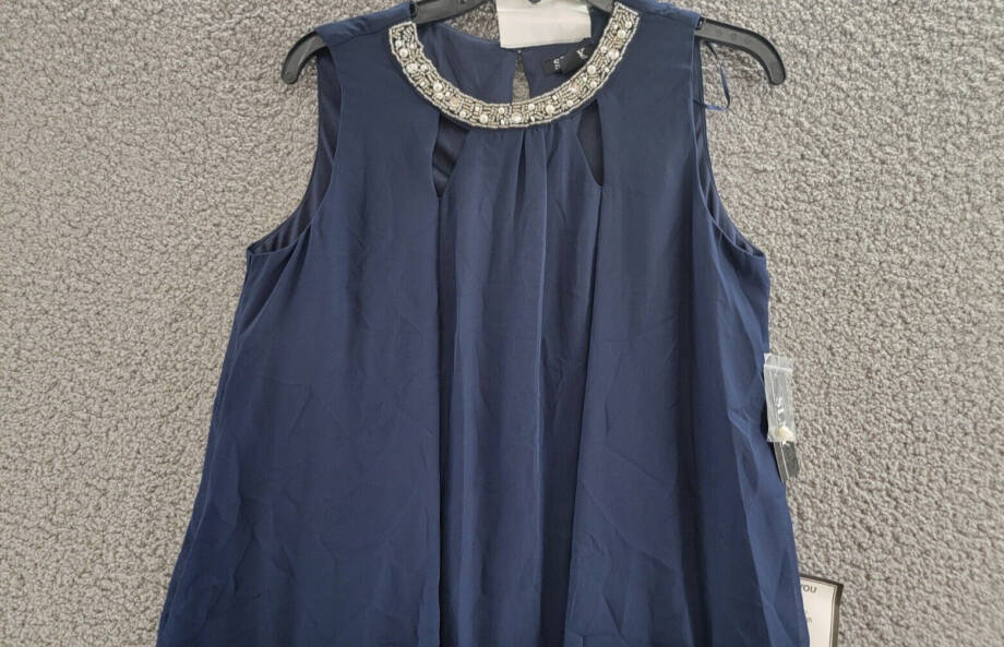 SLNY Chiffon Cut-Out Beaded Neckline Dress Women's 8 Navy Hook & Eye Closure