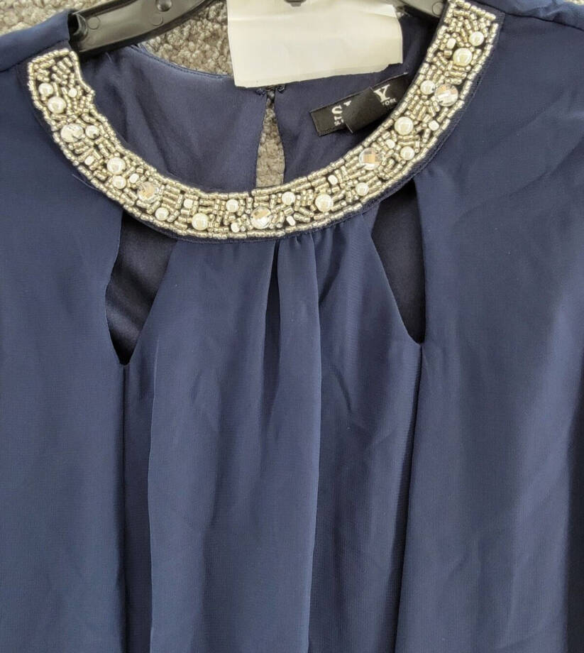 SLNY Chiffon Cut-Out Beaded Neckline Dress Women's 8 Navy Hook & Eye Closure