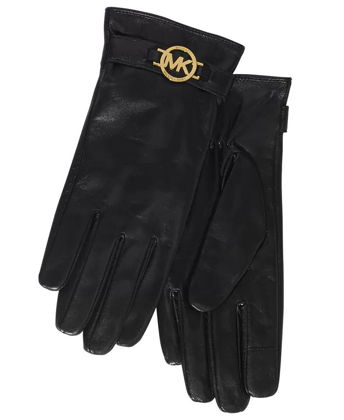 MICHAEL Michael Kors Leather Logo Ornament Gloves Women's XL Black/Gold Elastic~