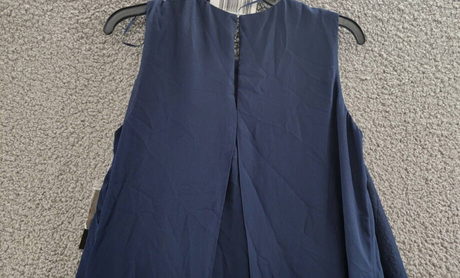 SLNY Chiffon Cut-Out Beaded Neckline Dress Women's 8 Navy Hook & Eye Closure